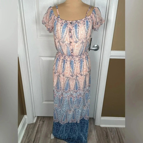 🌸 AS U WISH Maxi Dress Pink Blue Paisley Floral Boho‎ Peasant Fairy Cottagecore - Picture 4 of 8